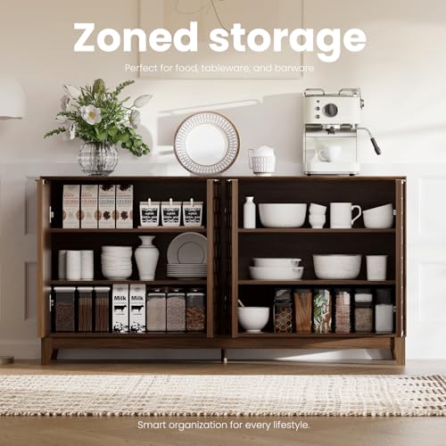 COLAMY Fluted Sideboard Cabinet with Storage – Solid Wood Buffet for Dining Room, Credenza Console with Adjustable Shelves, Walnut Finish, Mid Century Modern Style,Walnut Black COLAMY