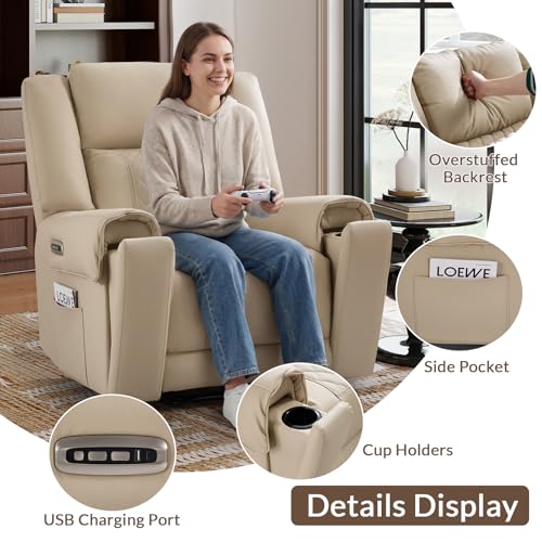 ANJ Top-Grain Genuine Leather Power Recliners for Adults, Dual Motor Electric Recliner Chairs with Power Headrest & 2 Cup Holders, Overstuffed Heavy Duty Reclining Sofa for Living Room Bedroom, Beige