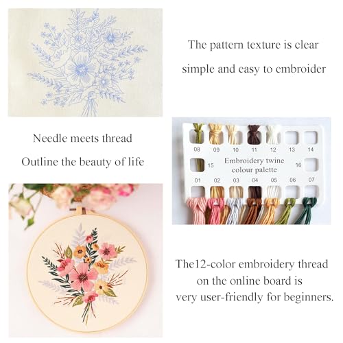 Silentsea Embroidery Kit, Floral and Nature Designs, with Hoops, Needlework Pattern Set (Flower)