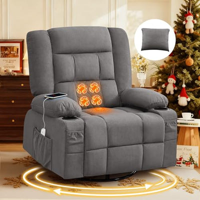 MAHOMICO Oversized Massage Swivel Recliner Chair with 4-Point 3D Kneading Massage and Heat for Living Room with Rocking Function 2 Cup Holders, USB Charge Port