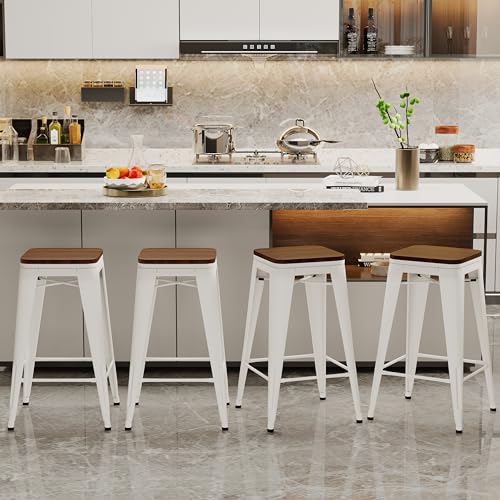Alunaune 24" Metal Bar Stools Set of 4 Industrial Backless Counter Height Barstools Kitchen Patio Stool Stackable with Wooden Seat- White Alunaune