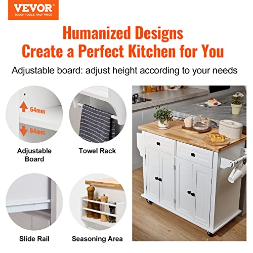 VEVOR Kitchen Island Cart with Solid Wood Top, 35.4" Width Mobile Carts with Storage Cabinet, Rolling Kitchen Table with Spice Rack, Towel Rack, and Drawer, Portable Islands on Wheels, White VEVOR