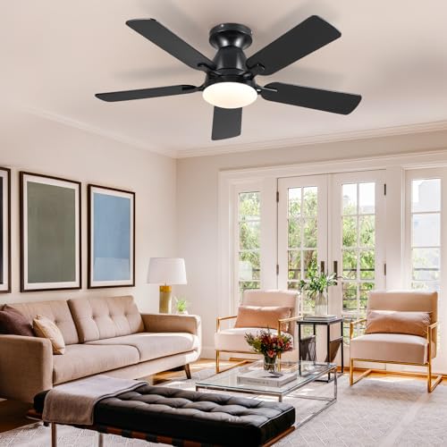 Ceiling Fans with Lights- 46" Low Profile Indoor Ceiling Fan with Light and Remote/APP Control, Flush Mount, LED Dimmable DC Reversible Modern Ceiling Fan for Bedroom(Black) Mpayel