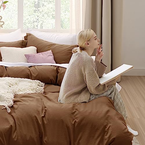 Bedsure Brown Duvet Cover Queen Size - 3 Pieces Prewashed Cotton-Like Extra Soft Bedding Set, Includes 1 Duvet Cover 90x90 Inches with Zipper Closure & 2 Pillow Shams, Comforter Not Included