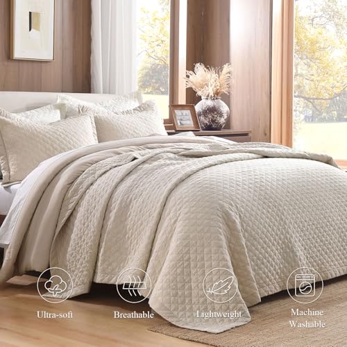 Grassix Linen Quilt Set King Size 3-Piece, 100% Linen Front & Cotton Back, Prewashed Diamond Stitch Bedspread with 2 Shams, Lightweight Breathable Quilt for Hot Sleepers, Modern Farmhouse Bedding Grassix