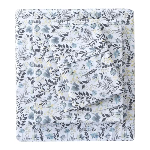 Mooreeke Cozy Vintage Microfiber Printed Twin Sheet Set - Soft Breathable Floral Bed Sheets with Deep Pocket - Non-Slip Fitted Design - Yellow Blue Gray Gradient Flowers Pattern Mooreeke