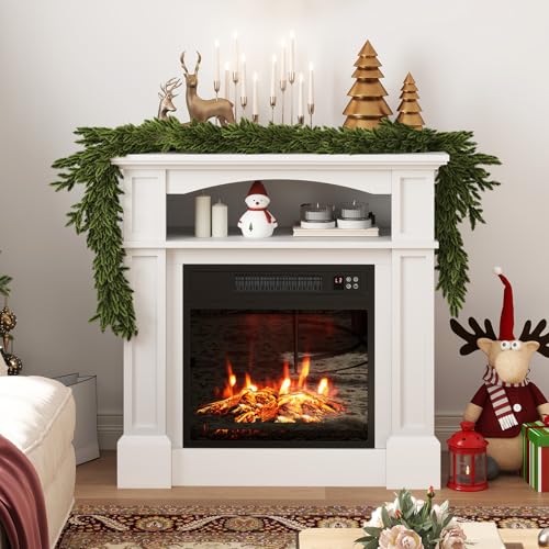 ORALNER 32” Electric Fireplace with Mantel, Package Wooden Firebox Surround Freestanding 18“ Fireplace Insert Heater w/ 3 Flame Effects, Remote & 6H Timer, Overheat Protection, 1400W (White) ORALNER