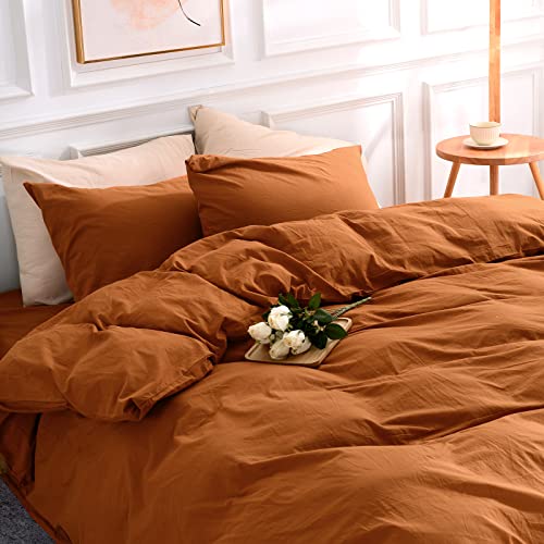 NEXHOME PRO Terracotta Burnt Orange Duvet Cover Set Queen Size Linen Textured Organic Natural 100% Washed Cotton Duvet Cover Caramel 3 Pieces Bedding Set with Zipper Closure Soft (No Comforter) NEXHOME PRO