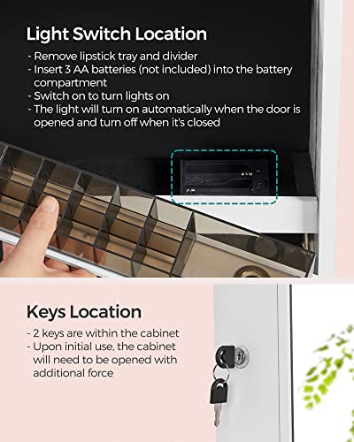 SONGMICS Mirror Jewelry Cabinet Standing Armoire Organizer, Jewelry Storage with Full-Length Frameless LED Lights, Built-in Makeup Mirror, 2 Drawers, Lockable, White UJJC023W01 SONGMICS