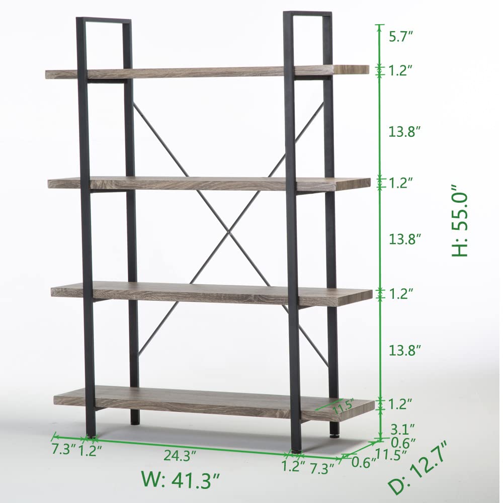 HSH 4-Shelf Vintage Industrial Bookshelf, Rustic Gray Wood and Metal 4 Tier Bookcase, Open Wide Etagere Book Shelf for Home Office Livingroom Bedroom Dispaly, Light Grey Oak HSH