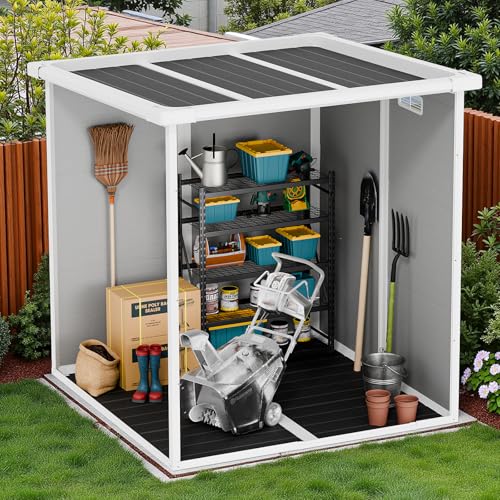 Osparple 6x6 FT Gray Resin Garden Storage Shed - Waterproof Outdoor Storage Resin Shed with Floor | Lockable Door, Window & Vents Tool Sheds for Bikes, Tools & Patio,Backyard,Lawn Osparple