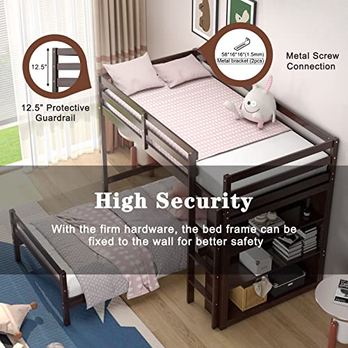 Giantex Twin Over Twin Bunk Bed, Wood L-Shaped Bunk Beds with Storage Bookshelf, Bunk Bed Frame with Guardrails and Ladder for Kids Boys Girls Teens Adults, Can be Convertible into 2 Beds, Espresso Giantex