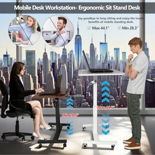 Mobile Standing Desk,Height Adjustable Overbed Bedside Table with Wheels&Cup Holder,Hand Crank Sit Stand Desk and Laptop Cart,Computer Workstation for Home Office Classroom Hospital (Manual Walnut) BeGyoku