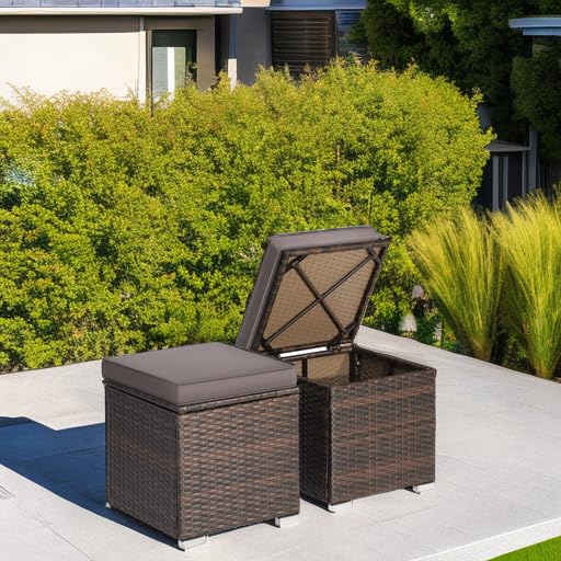 RELAX4LIFE Wicker Outdoor Storage Ottoman, 2-Piece Rattan Footstool w/Removable Cushion, Multipurpose Footrest Stool Side Table Additional Seating, Set of 2 Outdoor Ottomans for Patio Deck (Grey) RELAX4LIFE