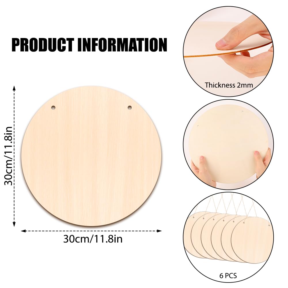 DIYDEC 6 Pack Round Wood for Crafts 12 Inch Unfinished Wood Slices Blank Wooden Door Hanger Sign Wooden Circles Discs with Bows Twine Glue Point for DIY Crafts Painting Christmas Home Holiday Decor DIYDEC