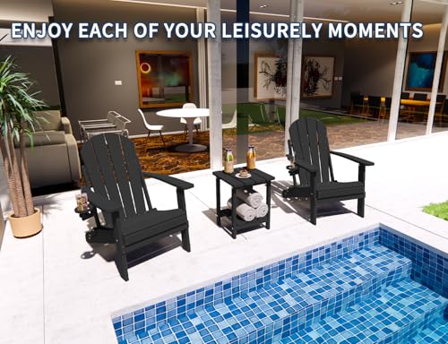 Folding Adirondack Chair with Cup Holder, Poly Lumber Patio Chairs, Wood Texture, Pre-Assembled Weather Resistant Outdoor Chairs for Pool, Deck, Backyard, Garden, Fire Pit Seating, Black POLYDUN