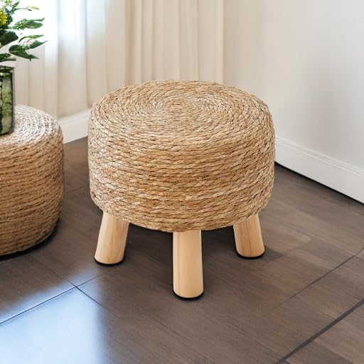 ALeesing Round Ottoman Natural Seagrass Footstool, Round Footstool with 4 Wood Legs, Hand Woven Round Footstool Sofa Stool, Multifunctional Modern Dressing Stool, Sofa Side Table for Bedroom (Nature) ALeesing