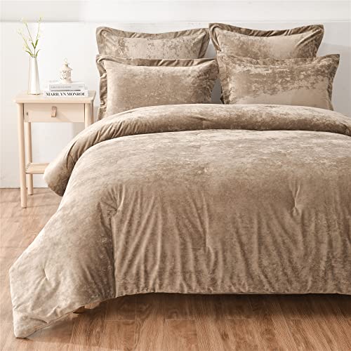 Fredsure Distressed Velvet Comforter Set, 5 Pieces Khaki King, Distressed Velvet Face and Brushed Microfiber Reverse Fredsure