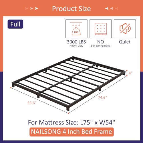 Nailsong 4 Inch Bed Frame Full Low Profile, Full Size Metal Bed Frame No Box Spring Needed, Heavy Duty Metal, Easy Assembly, Black Nailsong
