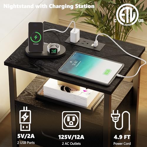 TRIFEBLE Night Stand Set 2, End Table with Charging Station, LED Bedside Table with Fabric Drawer for Bedroom, 3-Tier Side Table with Open Shelf, Black TRIFEBLE