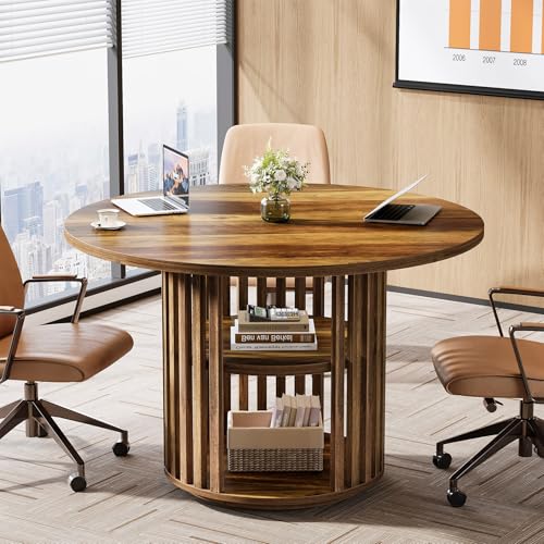 Tribesigns 47-Inch Round Conference Table for 4, Wooden Small Meeting Room Table with Storage Shelf and Solid Wood Base for Office, Conference Room, Brown Tribesigns
