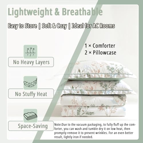 ALEISSEL Natural Cotton 3pcs Botanical Comforter Sets King Size-Green Comforter with Luxurious Tan & Gray Leaves on White, Reversible Lightweight Floral Bedding Sets(King 104"×90") ALEISSEL