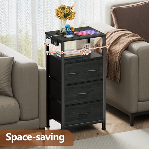 Furnulem Tall Night Stand with Charging Station and Led Light, Small Dresser with Open Shelf and 4 Storage Drawers, Black Side Table Fabric Nightstand for Bedroom, Entryway, Bedside Furniture Furnulem