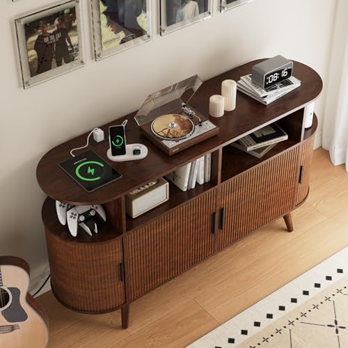 FURSUN 55" Large Round Record Player Stand, Record Storage Cabinet Holds Up 300 Albums with Charging Station & USB Ports, Fluted Modern Turntable Stand for Bedroom, Living Room, Dark Walnut FURSUN