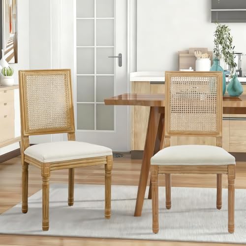 SoarFlash French Decor Chairs Set of 4, Louis Dining Chairs with Square Rattan Backrest, Exquisitely Carved Solid Wood Frame for Living Room, Kitchen, Restaurant, Beige SoarFlash