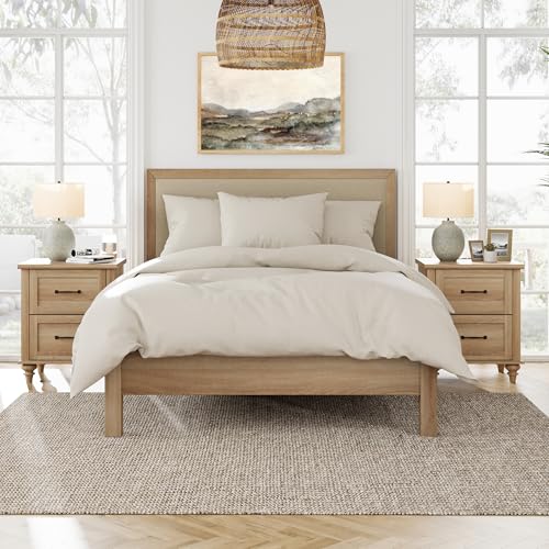 WAMPAT 4 Piece Bedroom Set, Set of 2 Wooden Dressers with 3 Drawers, Set of 2 Rattan Bedside Table Side Tables with Charging Station, 4 Piece Dresser and Nightstand Sets, Oak WAMPAT