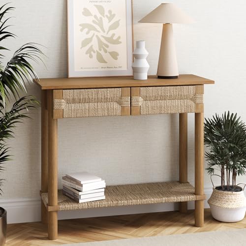 Nathan James Beacon Wooden Sofa Console Table with Drawers, Bohemian Entryway Table, Hallway Table with Seagrass Shelf, Light Brown Nathan James