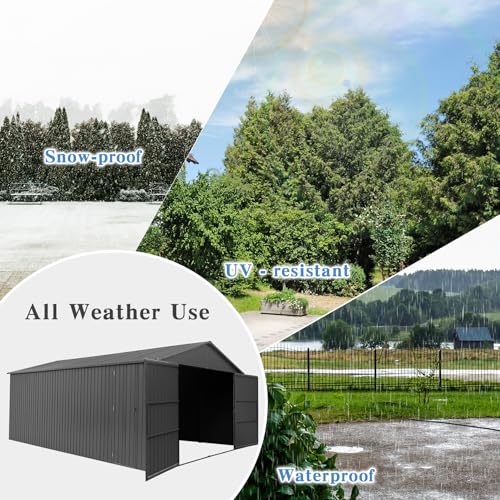 Domi 12x15FT Outdoor Metal Garage Shed, Extra Large Carport with Skylights & Dual-Entry, Backyard Storage Shed for Car, Truck, Lawn Mower and Tool, Dark Grey domi outdoor living