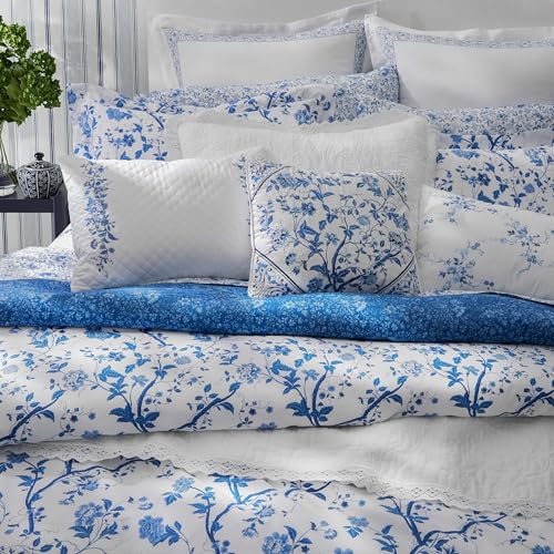 Laura Ashley - Full Comforter Set, Soft & Reversible Cotton Bed Set, 4 Piece Floral Bedding with Matching Pillowcases & Bonus Bed Skirt (Charlotte Blue) Laura Ashley