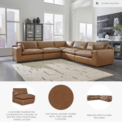 Signature Design by Ashley Emilia Modern Modular Leather Match 5-Piece Sectional with Loose Back Cushions and 2 Bolster Pillows, Light Brown Signature Design by Ashley