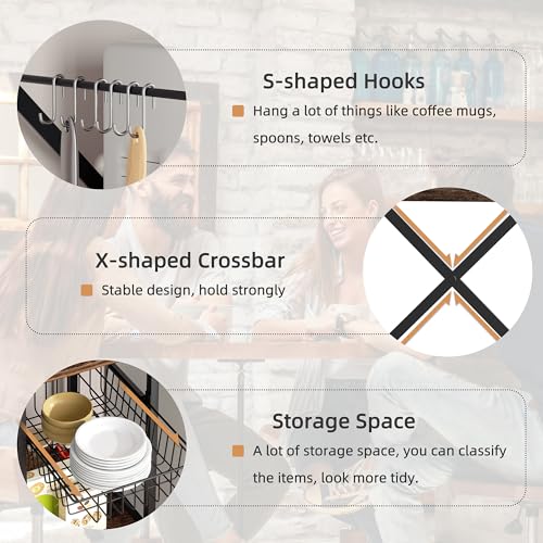 Shintenchi Kitchen Bakers Rack with Power Outlet, Multifunctional Organizer & Storage with 6 Hooks, Microwave Oven Stand, and Coffee Station Shelf, Vintage Brown
