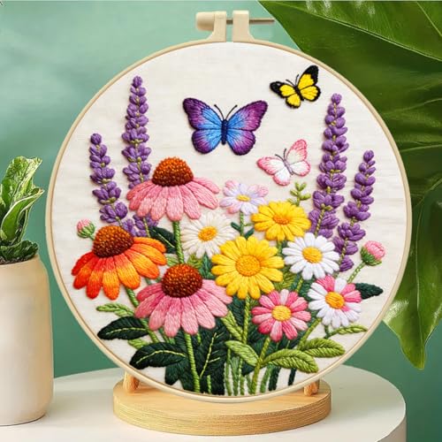 Zhenqing Flower Garden Embroidery Kit for Beginners, Pre-Printed 29x29cm Circular Cotton Fabric with 20cm Hoop, Vibrant Design with Butterflies and Lavender(JC0050