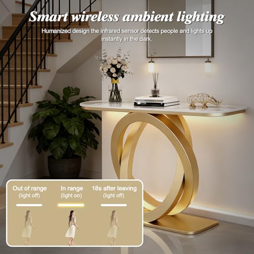 WOOOFA Marble Console Table, 39.4'' Modern Entryway Table with Sensor LED Light, Luxurious and Highly Decorative, Long Sofa Table for Living Room, Entrance, Hallway, White and Bronze WOOOFA