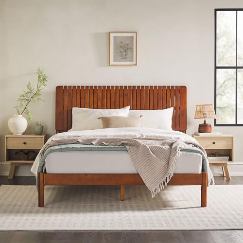 Walker Edison Queen Transitional Vertical Slatted Headboard Solid Wood Bed, Queen Size, Brown Walker Edison