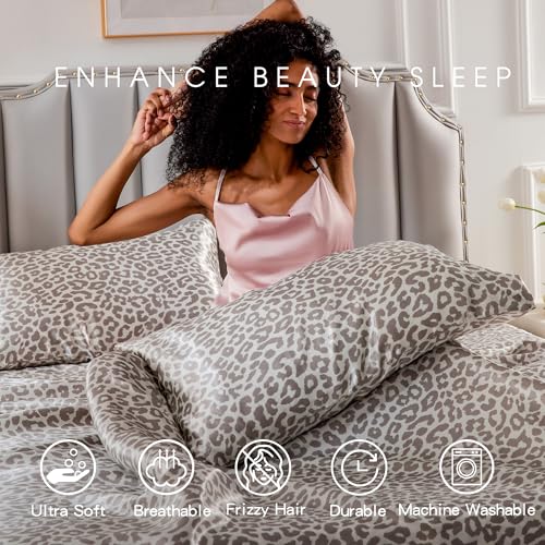 FreshCulture Satin Sheets Full Size - 4 Piece Luxury Soft Silky Full Size Bed Sheets, Similar to Silk Bed Sheet Set with 1 Deep Pocket Fitted Sheet, 1 Flat Sheet & 2 Pillowcases (Leopard) FreshCulture