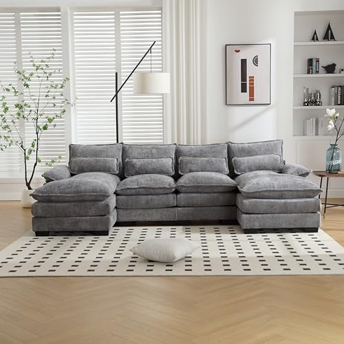 6 Seater Overstuffed Modular Sectional Sofa Cloud Couch with Double Chaise Lounge, U Shaped Chenille Upholstered Leisure Sofa&Couches with Memory Foam and Waist Pillows for Living Room Office Eafurn