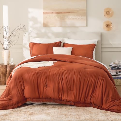 Andency King Size Comforter Set Burnt Orange, 3 Pieces Boho Terracotta Soft Lightweight Bedding Comforter Sets, Rust Tassel All Season Bed Set (104x90In Comforter & 2 Pillowcases) Andency