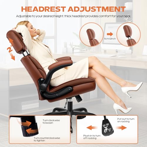 Ergonomic Executive Office Chair with Flip-Up Arms, Faux Leather Desk Chair with Lumbar Support, Adjustable Headrest Home Office Computer Gaming Chair, Comfy 360° Swivel & Rocking Function fidom