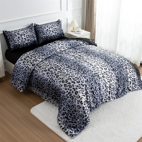 A Nice Night Leopard Printed,Silver Grey Satin Silky Soft Quilt Sexy Luxury Super Soft Microfiber Comforter Quilt Bedding 5PCS Comforter Set, Light Weighted (Silver, Queen(88-by-88-inches)) A Nice Night