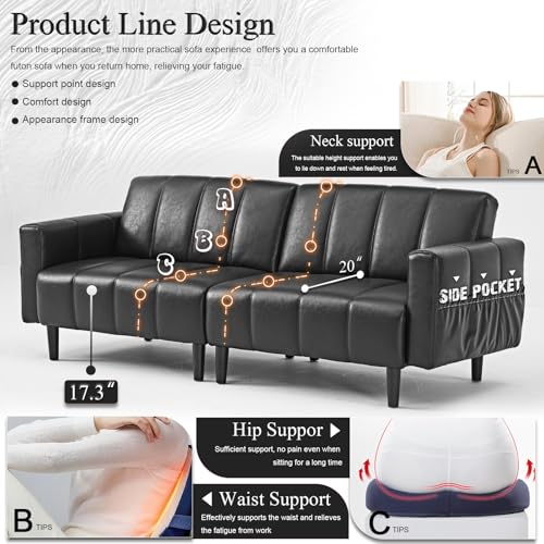 HMHKHN Comfy Faux Leather Couch for Chill Office Lounge, Adjustable Backrest, Convenient Side Pockets, Home-Ready Space-Saving Mid Century Modern Futon Sofa Bed (Black) HMHKHN
