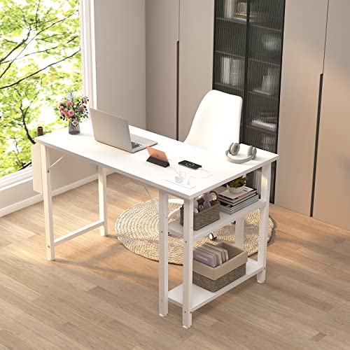 Lufeiya White L Shaped Computer Desk with Power Outlet Shelves, 40 Inch Small Corner Desk for Small Space Home Office, L-Shaped Desk PC Desks, White Lufeiya