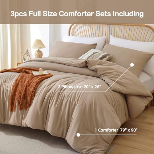 ROSGONIA Comforter Full Size for Girls Boys Teens Taupe Brown, 3pcs(1 Boho Tan Comforter & 2 Pillowcases), Lightweight Dorm Bedding All Season Bed Set