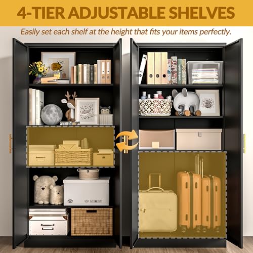 Kitchen Pantry Cabinet,71” Metal Tall Pantry Storage Cabinet with Doors and 4 Adjustable Shelves,Kitchen Storage Cabinets Black Freestanding Food Cabinet for Pantries, Kitchen, Livingroom, Dining Room BESFUR