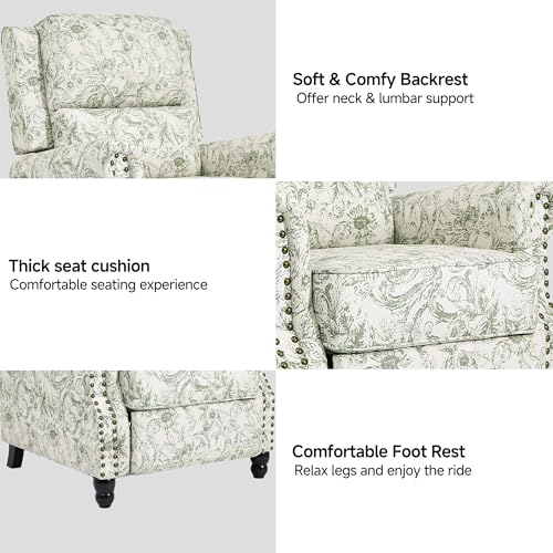 Blissabod Pushback Recliner Chairs Set of 2, Green Pattern Wingback Recliner Chair in Fabric, Upholstered Push Back Armchair Recliner, Single Sofa with Trim Wood Legs for Living Room (Rococo Green)