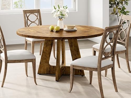IDEALHOUSE 47" Round Dining Table Set for 4 to 6, Farmhouse Kitchen Table with Wooden Top and Pedestal Base, Circle Dinner Table for Dining Room, Kitchen Room - Rustic (No Chairs) IDEALHOUSE