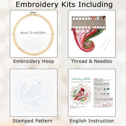 Louise Maelys Red Cardinal Bird Embroidery Kit for Beginners - Floral Hand Stamped DIY Embroidery Kits with Hoop, Threads & Needles - Easy Cross Stitch Starter Set for Adults